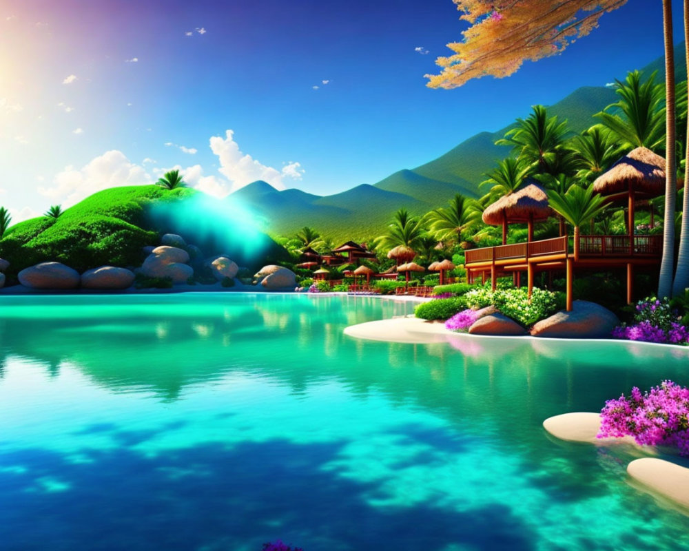 Tropical Paradise with Blue Water, Thatched Huts, and Green Mountains
