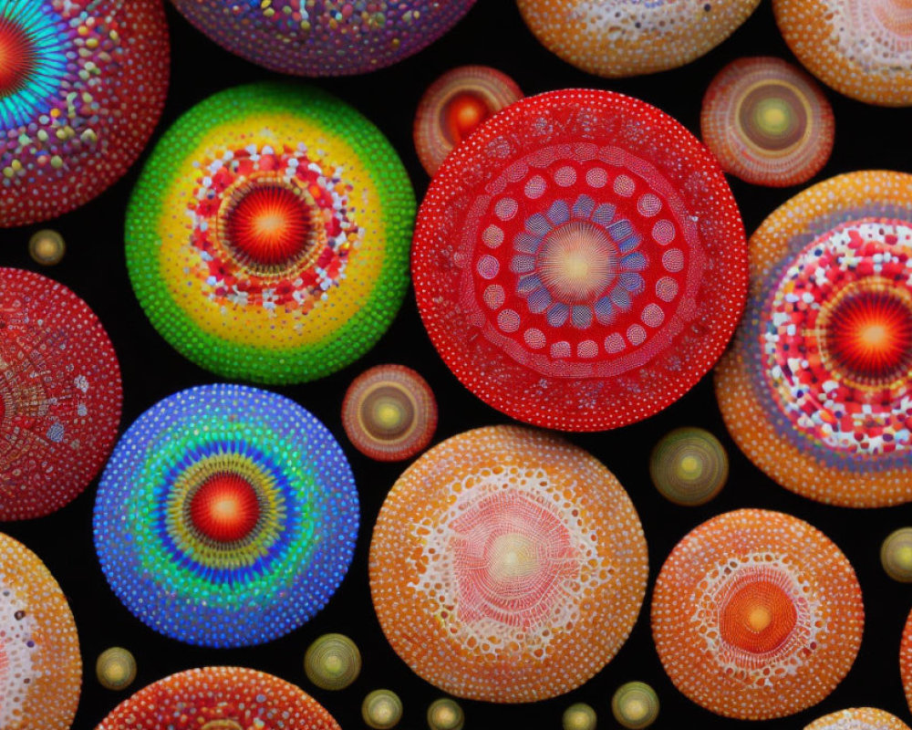 Vibrant mandala patterns on round stones against black backdrop