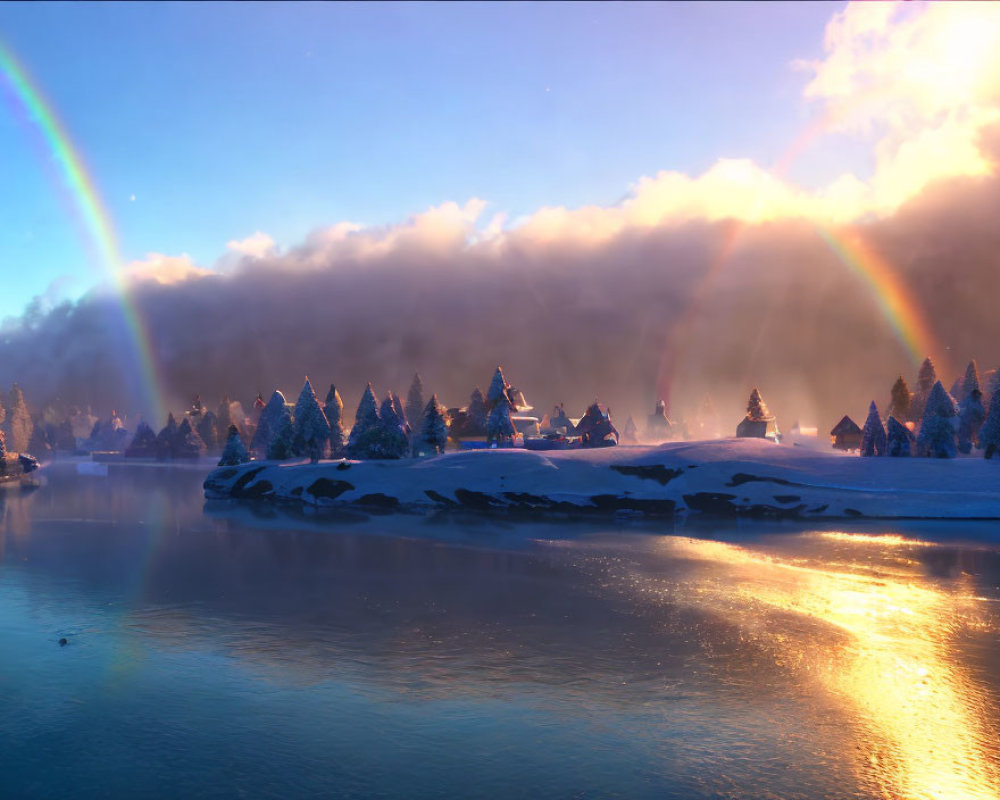 Double rainbow over snow-covered forest and river in serene winter scene