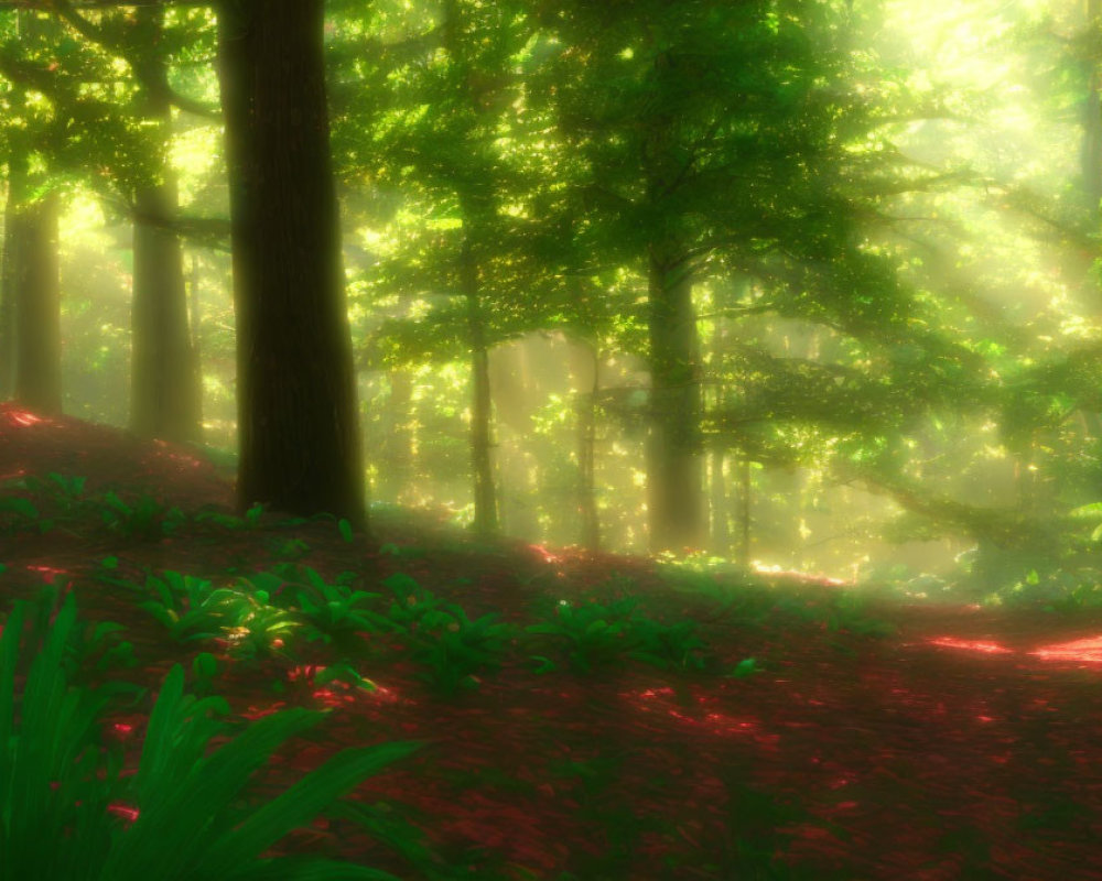 Sunlit Forest Scene with Lush Green Trees and Red Foliage
