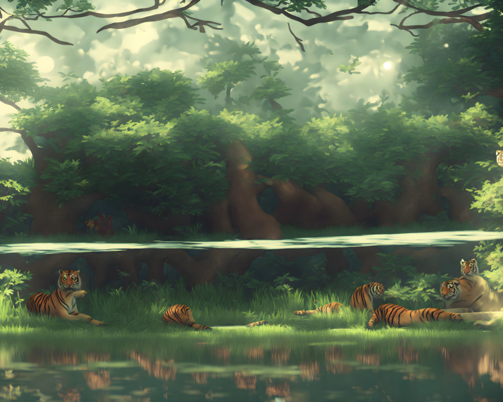 Tranquil forest scene with tigers by serene lake