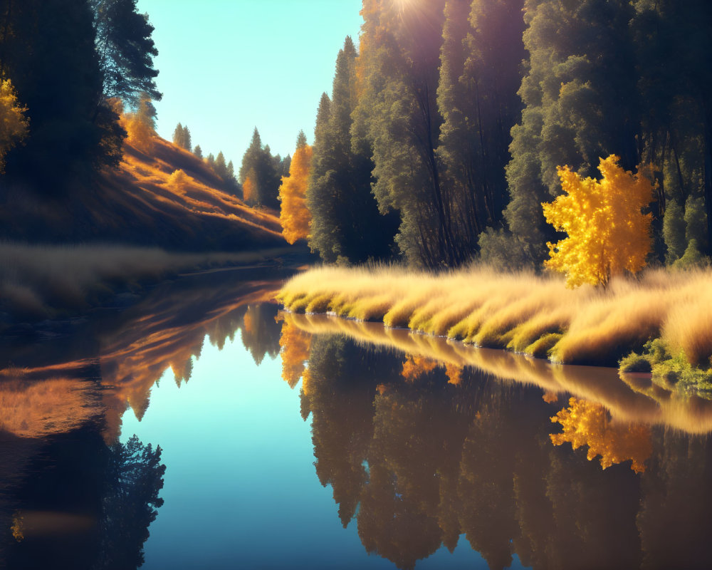 Tranquil River Reflecting Autumn Trees and Tall Grass