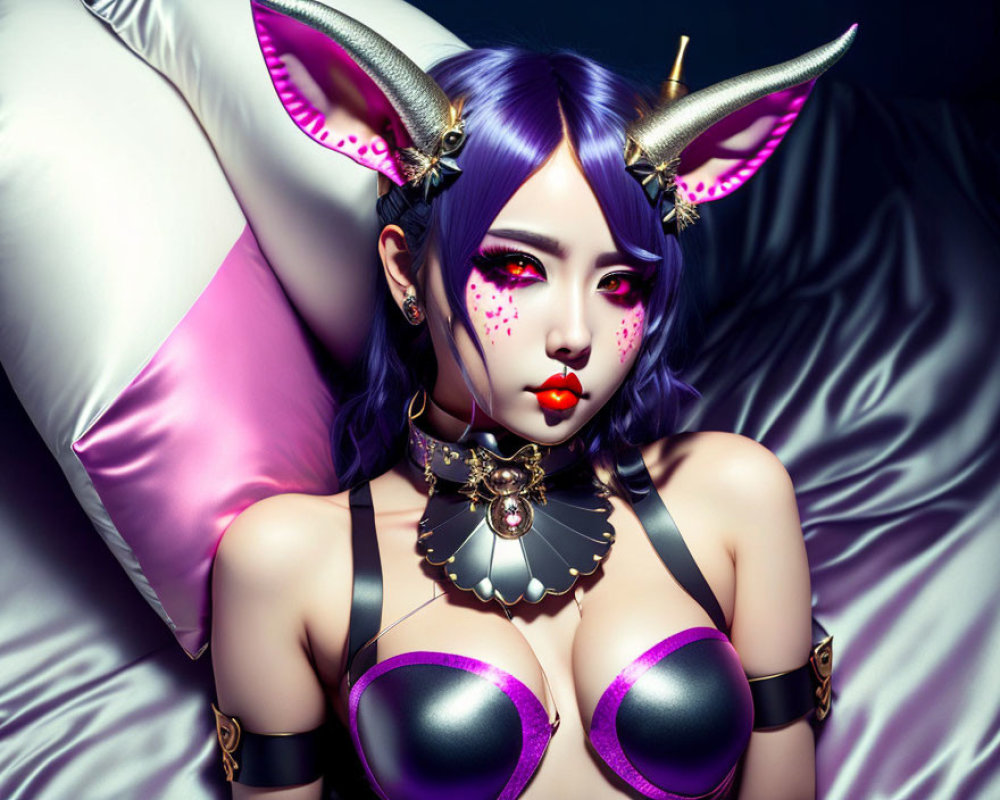 Fantasy character with purple hair and horned ears reclining on silk pillow