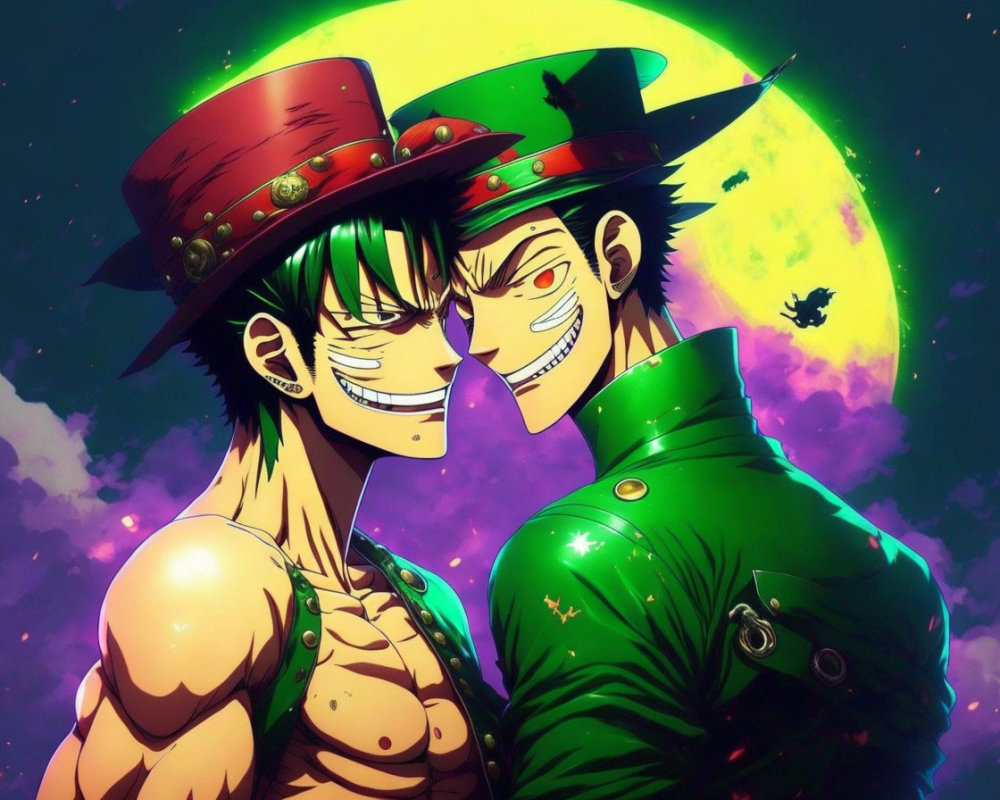 Stylized anime characters with scar and red hat in green outfits against moonlit sky