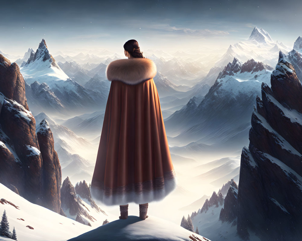 Person in Fur-Trimmed Cloak Overlooking Snowy Mountain Range