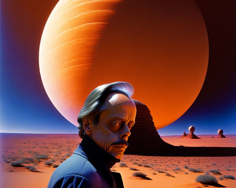 Man standing in alien desert with large orange planet in background
