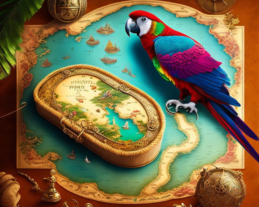 Vibrant parrot on antique frame with map, nautical instruments, and gold coins