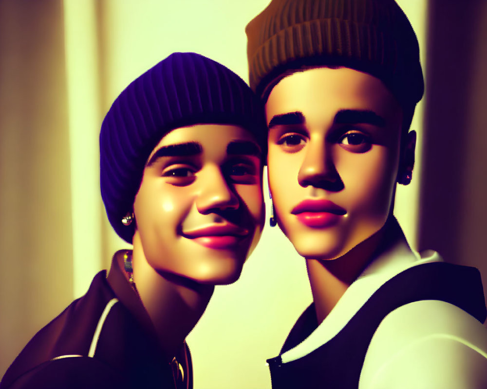 Stylized male figures in hats and casual attire, one in purple beanie, the other in