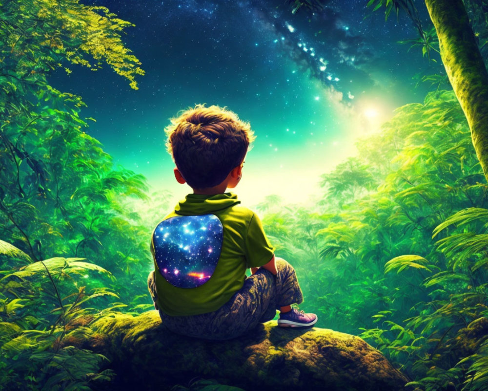 Boy with galaxy print on back gazes at celestial body in forest at night