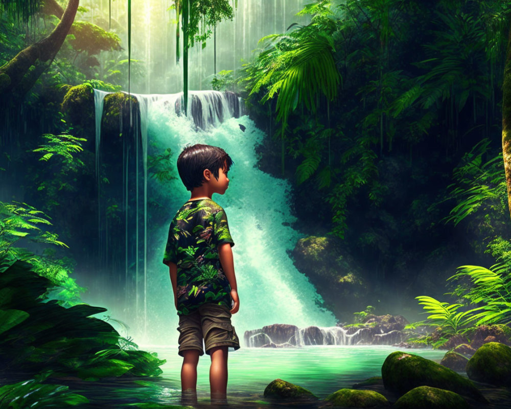 Boy in Camo Shirt Observing Waterfall in Tropical Forest