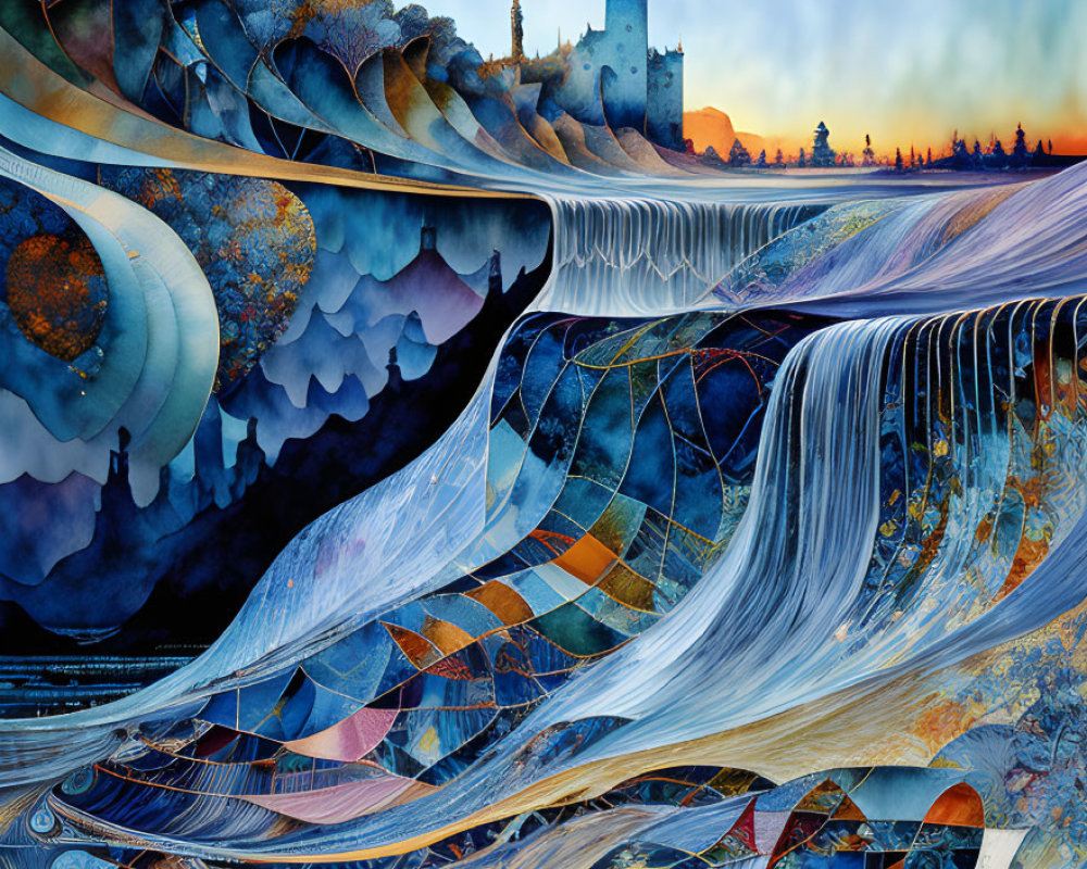 Surreal autumn landscape with castle, waves, and mosaic textures