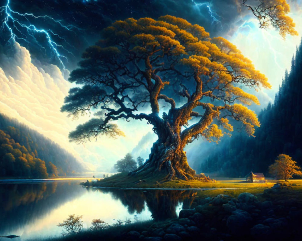 Majestic tree with lightning-filled sky reflected in calm lake