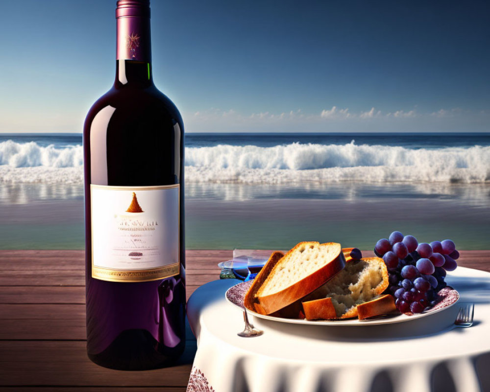 Red wine, grapes, bread, and glass on a deck setting