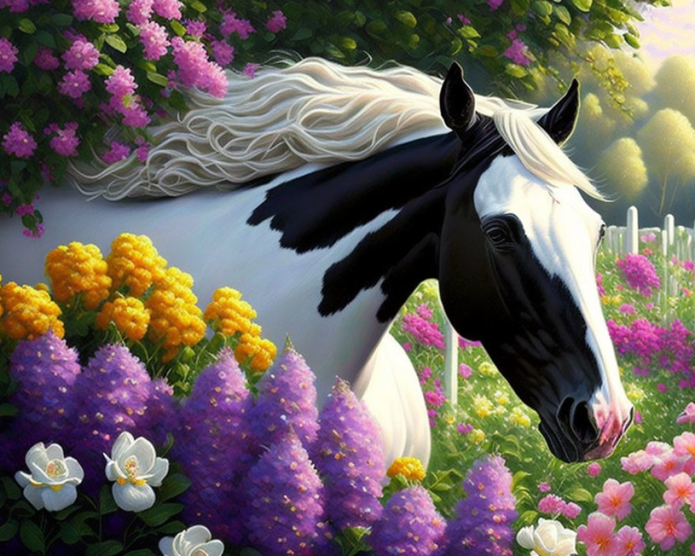Black and white pinto horse in a floral landscape painting
