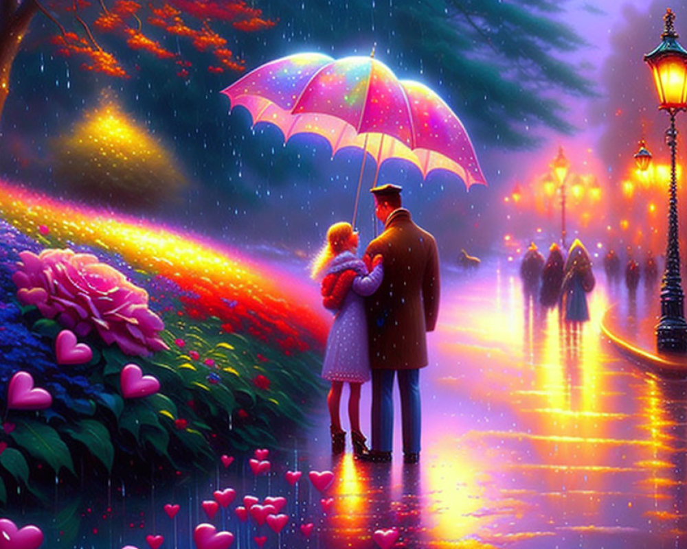 Romantic Nighttime Scene with Colorful Umbrella and Hearts