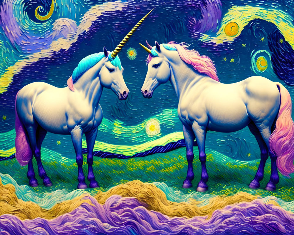 Unicorns with Colorful Manes Against Starry Night Background