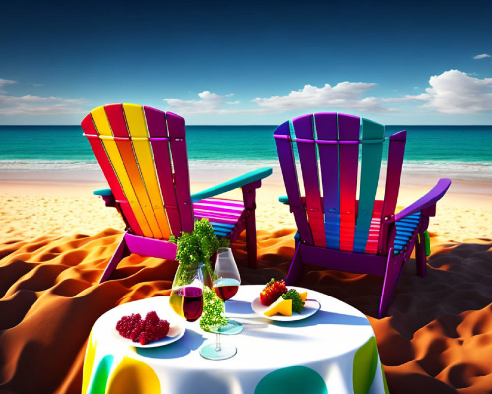 Brightly Colored Adirondack Chairs on Sandy Beach