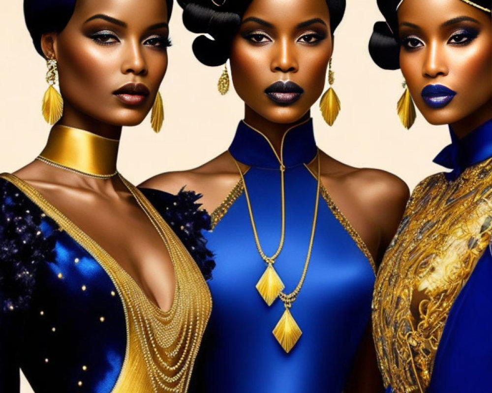 Illustrated Women in Blue and Gold Attire on Golden Background