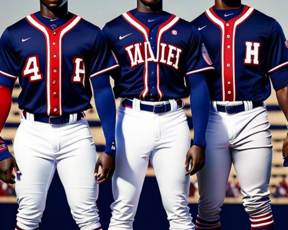 Three baseball players in blue and red uniforms with "H" jerseys