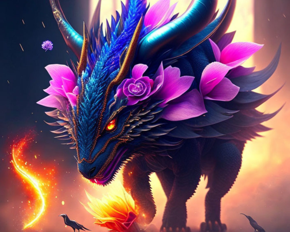 Blue-Scaled Dragon with Horns in Fiery Landscape with Birds