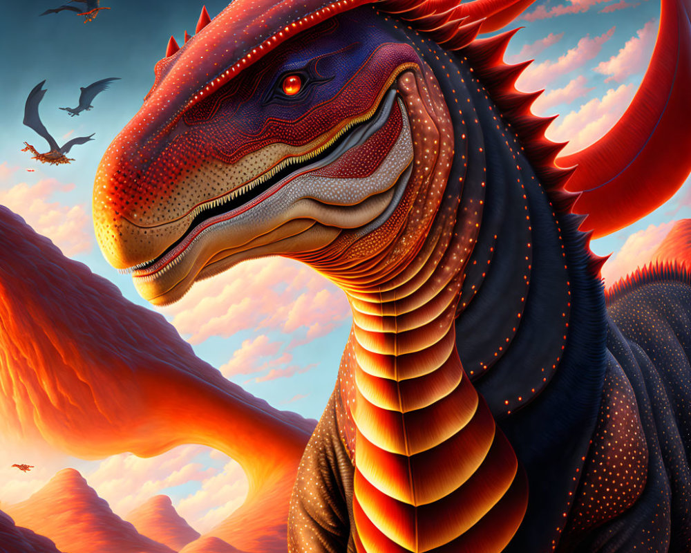 Red dragon overlooking desert landscape with motorcycles and birds.
