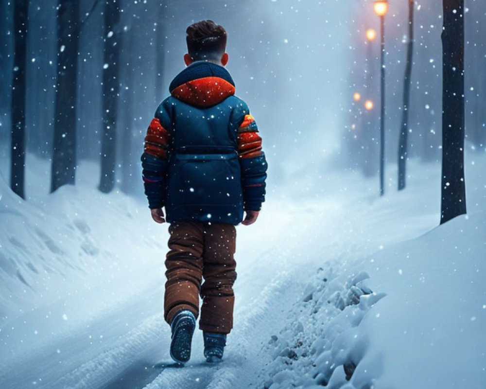 Person in Winter Jacket Walking on Snowy Path with Glowing Street Lamps