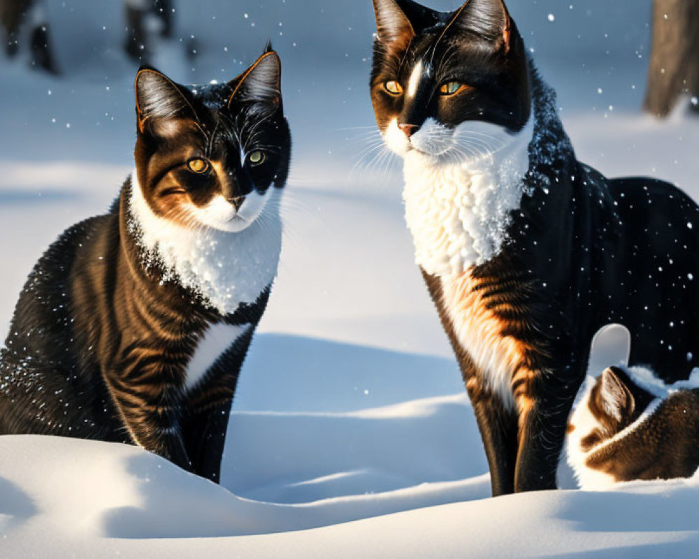Black and White Cats in Snow with Falling Snowflakes and Illuminated Trees