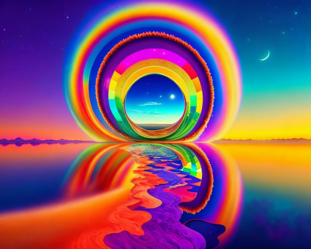 Colorful concentric circles with textures on reflective surface under twilight sky.
