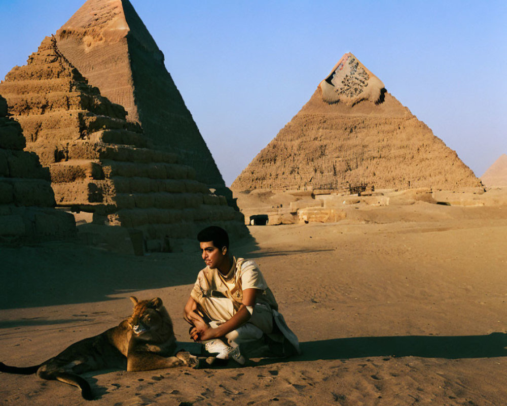 Traditional Attire Person with Lion in Desert Near Great Pyramids at Sunset