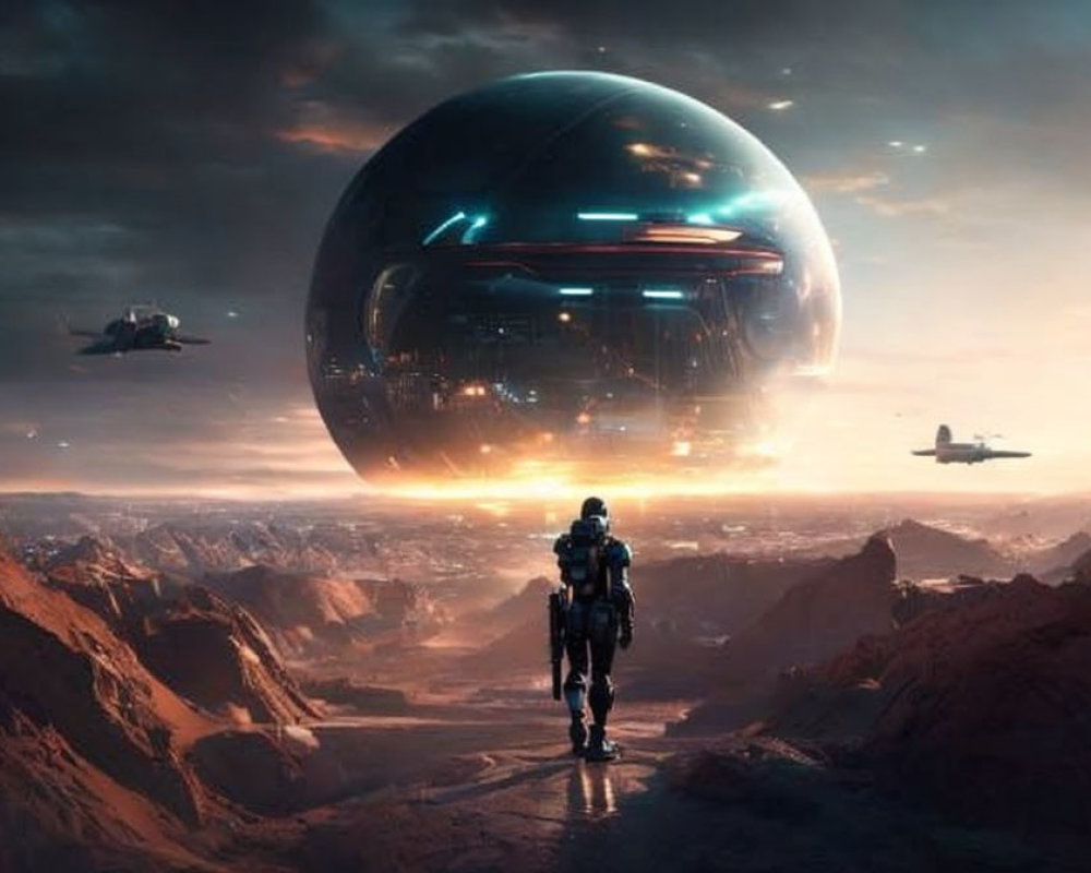 Astronaut near hovering sphere on alien terrain with spacecraft in futuristic scene