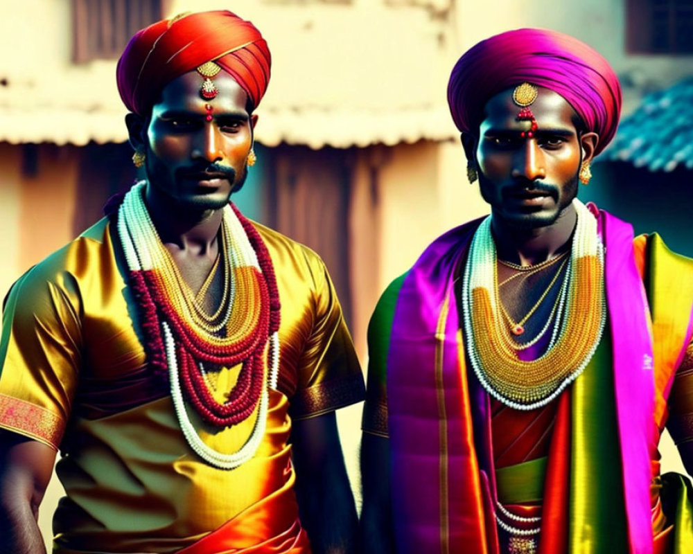 Men in Colorful Traditional Indian Attire with Turbans and Jewelry