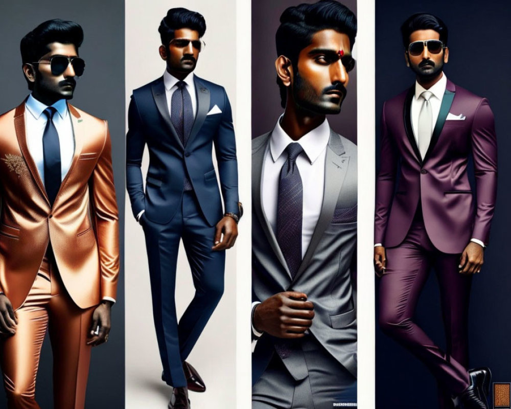 Four Men in Stylish Suits Posed Against Plain Background