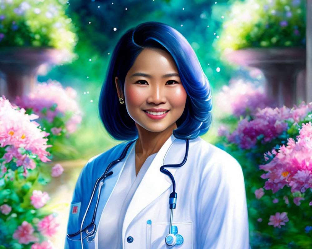 Colorful illustration: Smiling woman with blue hair in lab coat and stethoscope among pink flowers