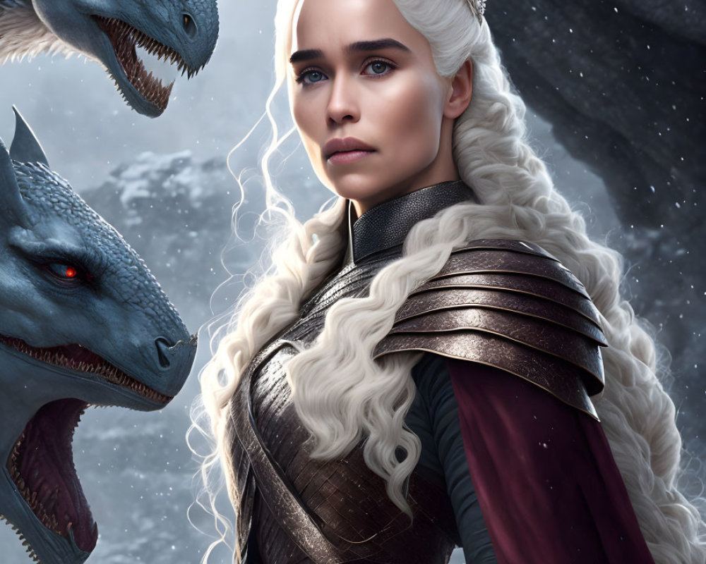 Platinum Blonde Woman in Medieval Armor with Dragons in Snowscape