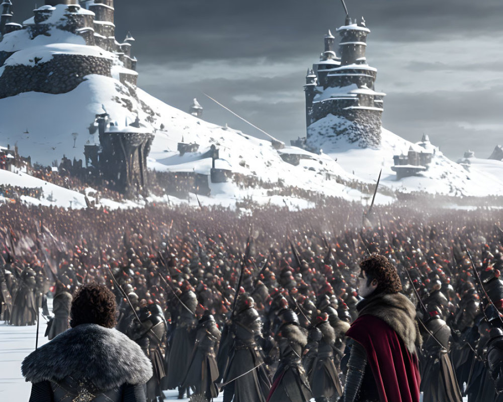 Medieval armor-clad duo face army in snowy landscape