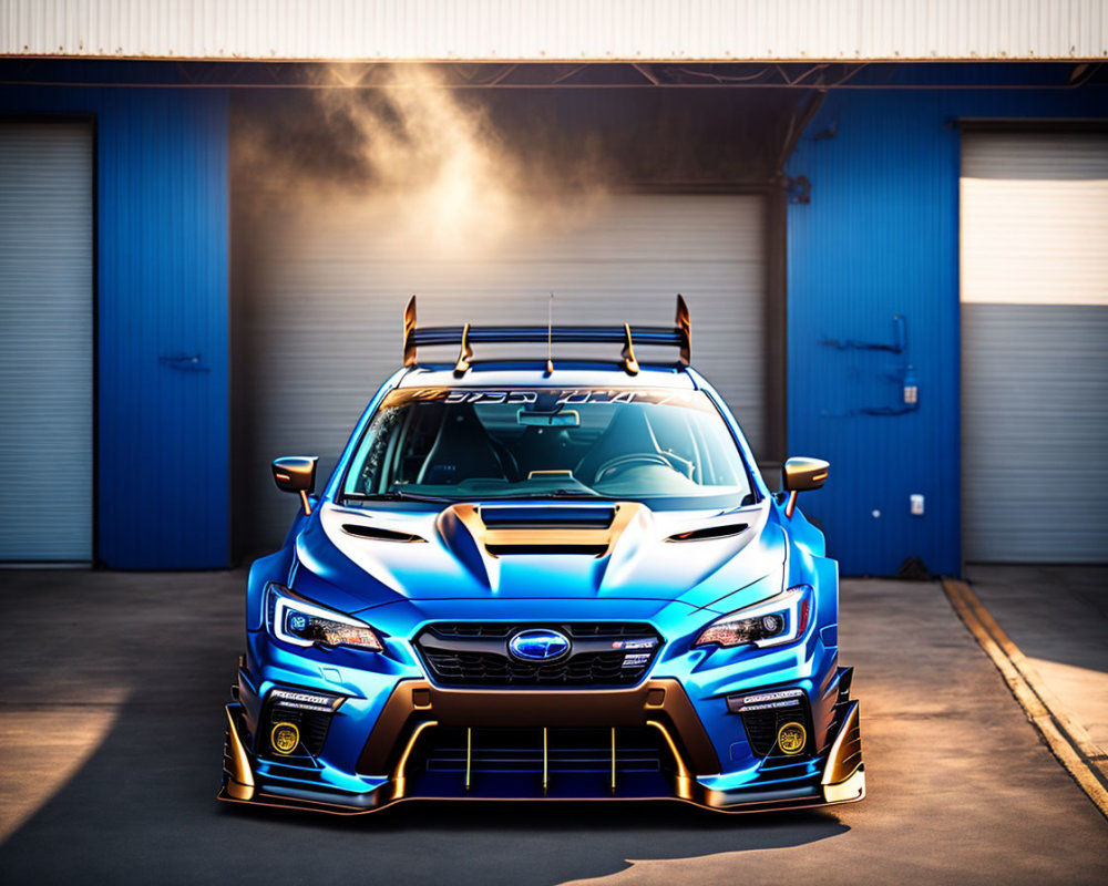 Blue Subaru WRX with Aero Modifications Emitting Smoke in Front of Garage