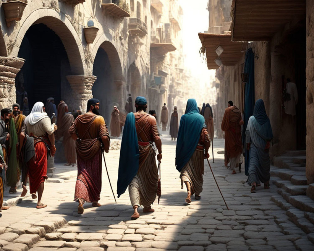Ancient marketplace with traditional-robed people on stone-paved street