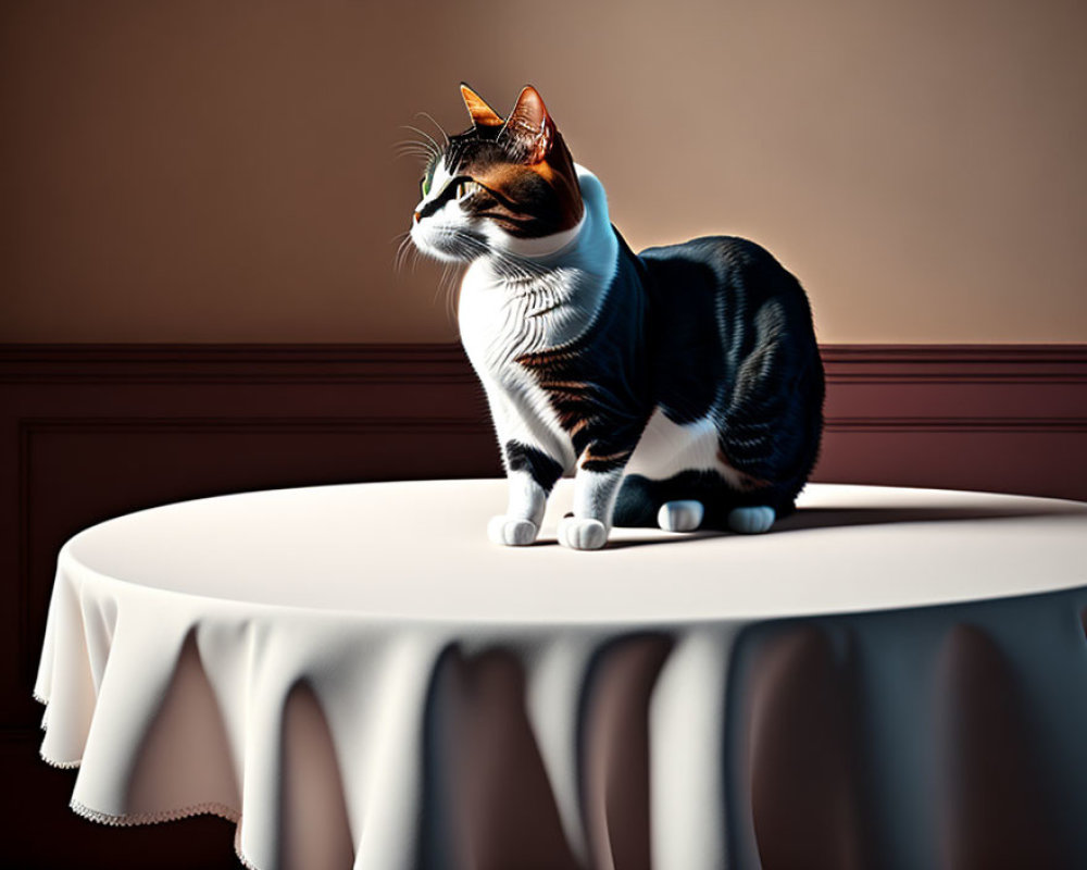 Calico Cat Sitting on Covered Table in Warmly Lit Room