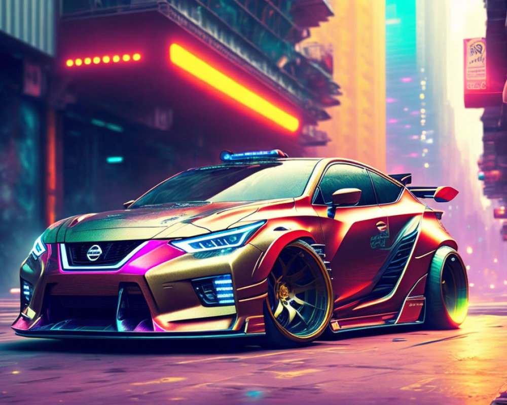 Futuristic city street with neon-lit sports car