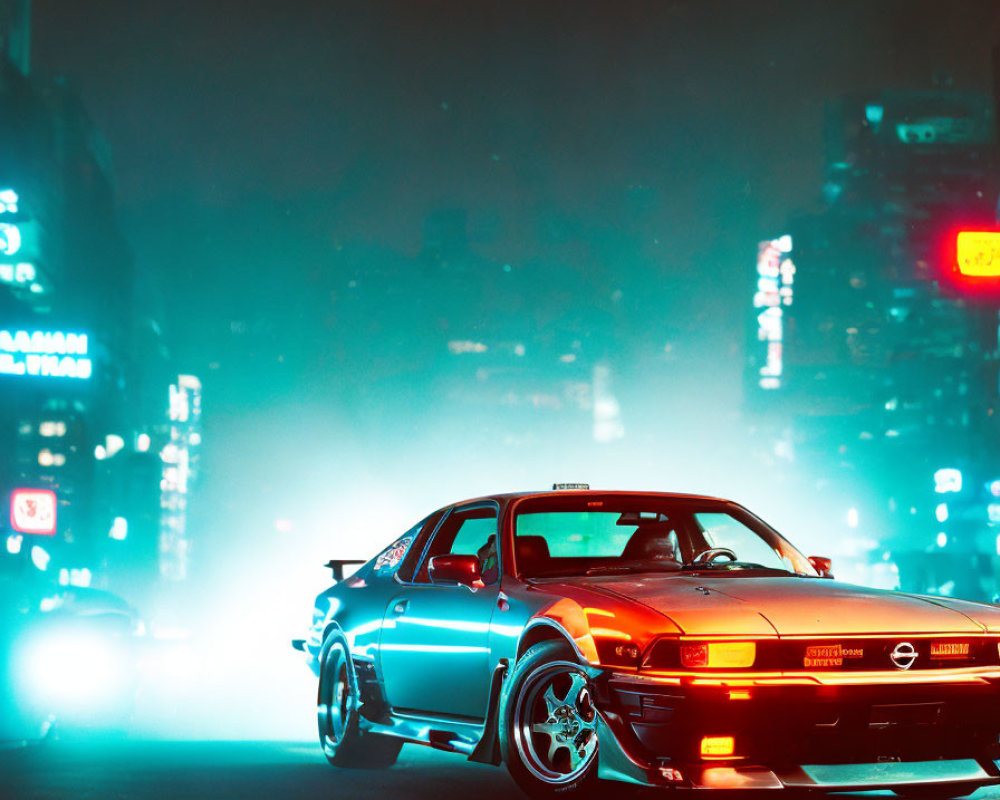 Vintage sports car in cyberpunk cityscape foggy night.