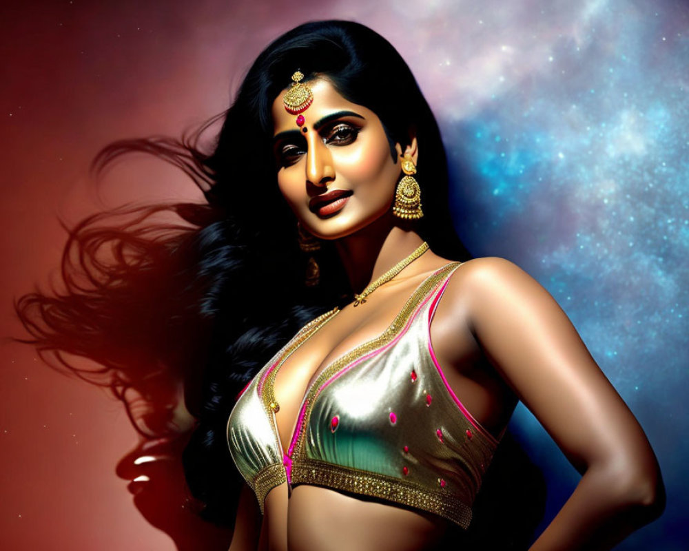 Dark-Haired Woman in Traditional Indian Attire with Cosmic Background