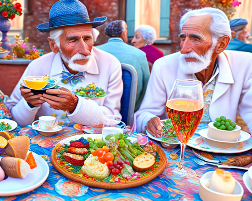 Elderly men dining outdoors with colorful dishes and drinks