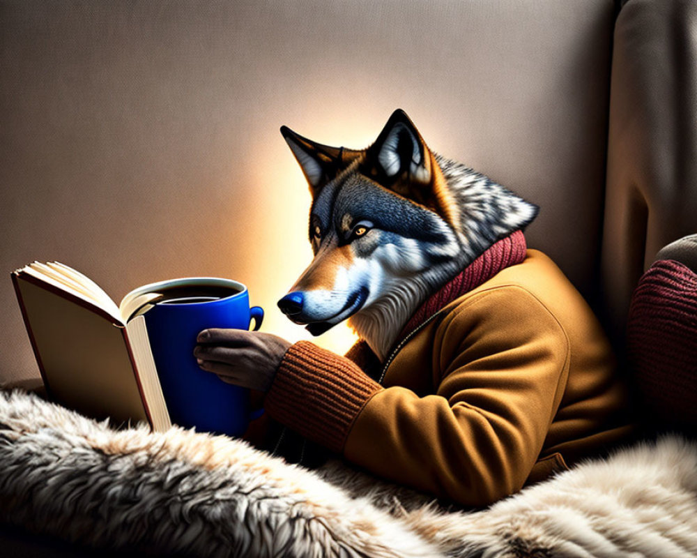 Anthropomorphic wolf reading book with blue mug in cozy setting