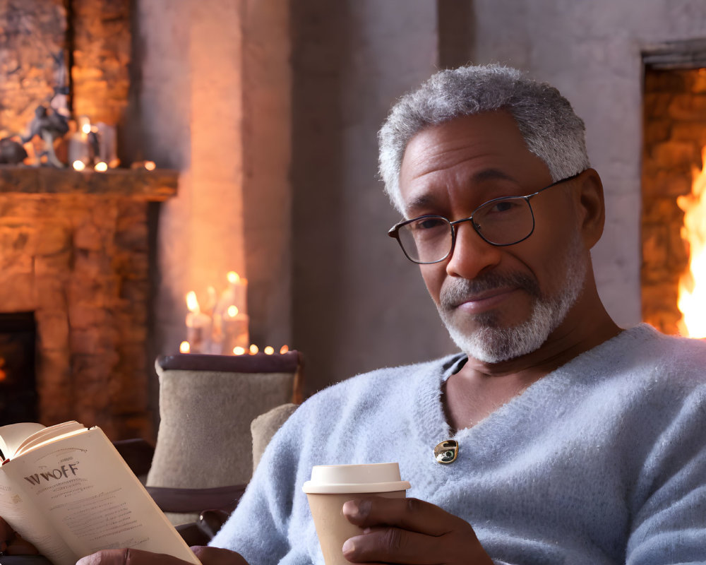 Elderly man in blue sweater reading book by fireplace with coffee cup