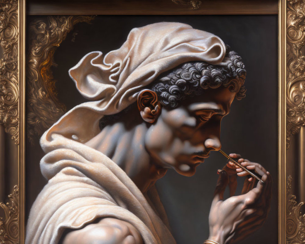 Classical-style painting of sculpted figure with draped cloth and ornate frame