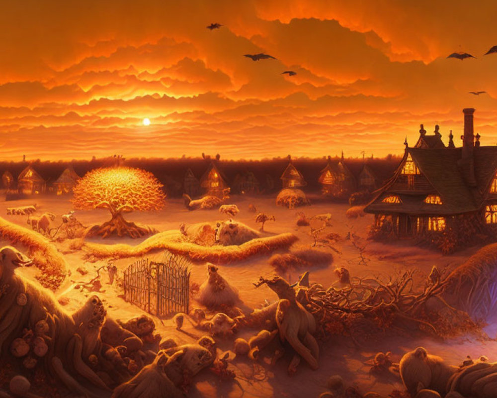 Fantasy landscape at sunset with thatched cottages and wildlife in golden fields.