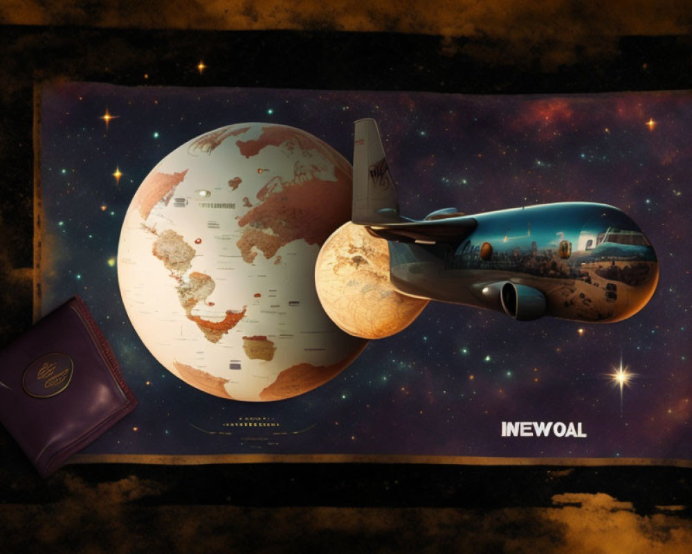Futuristic spaceship above world map with passport on galaxy backdrop