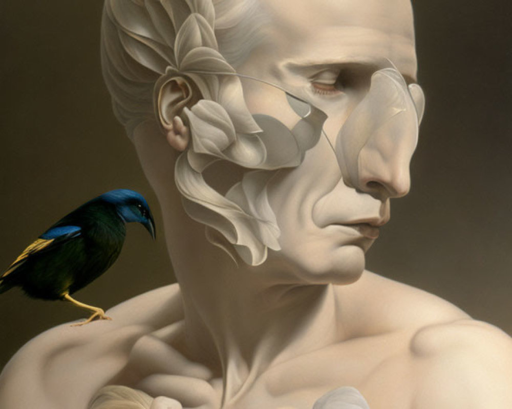 Surreal painting featuring classical bust with floral ear and bird perched on shoulder