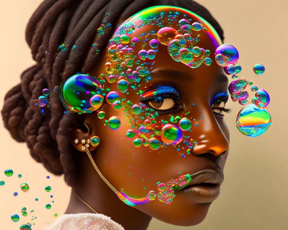 Vibrant bubbles adorn woman's face in surreal portrait