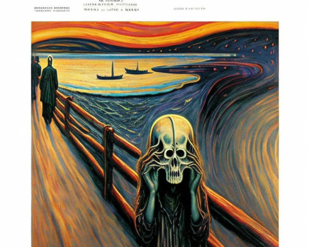 Stylized poster featuring figure in horror with vibrant sky & dark ocean.